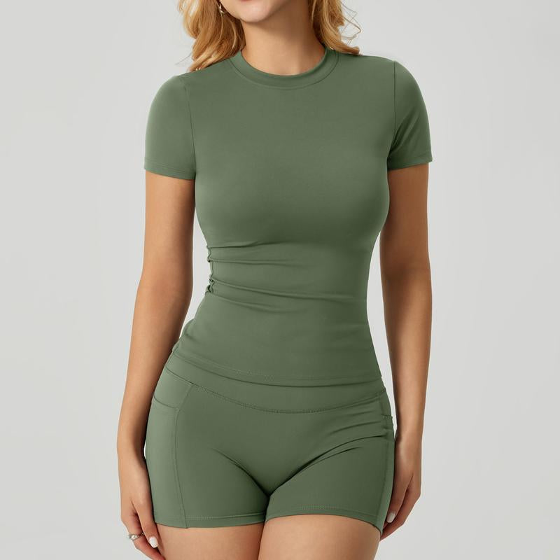Women'S Two-Piece Athletic Set Consisting of a Solid Round-Neck T-Shirt and High-Waist Tight Sports Shorts. Yoga, Workouts at the Women'S Gym