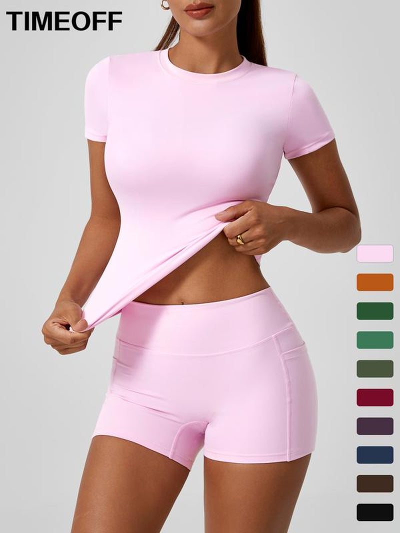 Women'S Two-Piece Athletic Set Consisting of a Solid Round-Neck T-Shirt and High-Waist Tight Sports Shorts. Yoga, Workouts at the Women'S Gym