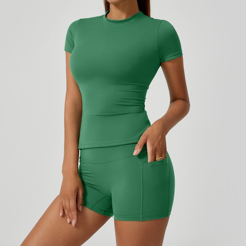 Women'S Two-Piece Athletic Set Consisting of a Solid Round-Neck T-Shirt and High-Waist Tight Sports Shorts. Yoga, Workouts at the Women'S Gym